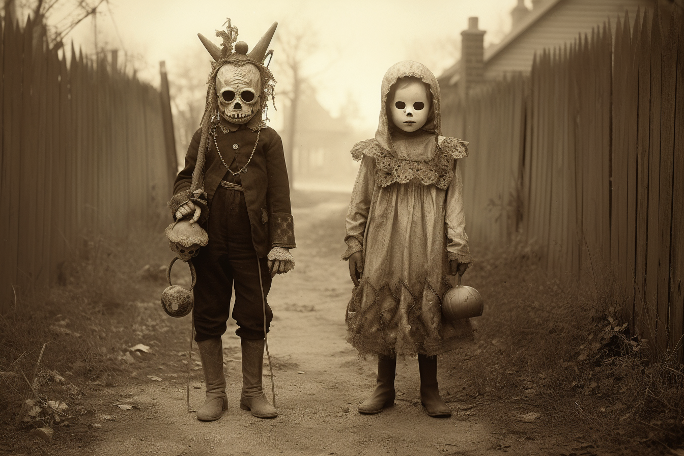 Two kids in Halloween costumes with masks