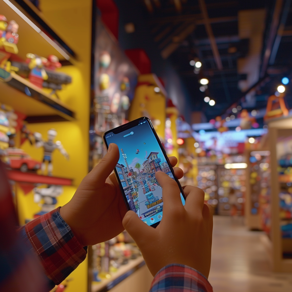 Hand holding cellphone in Lego Store