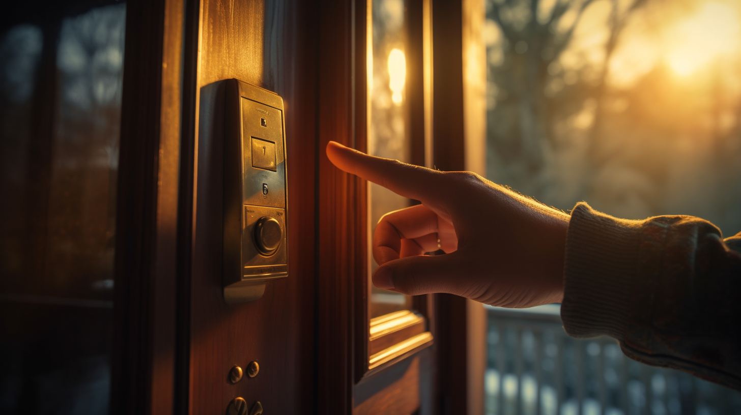 Hand pressing doorbell outside house