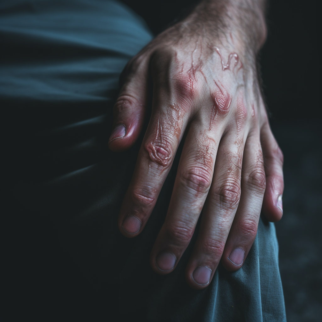 Close-up of Hand Pressing Thigh