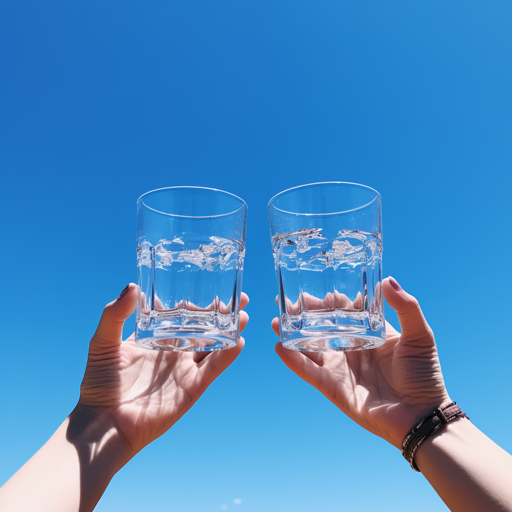 Hands holding champagne glasses against blue sky