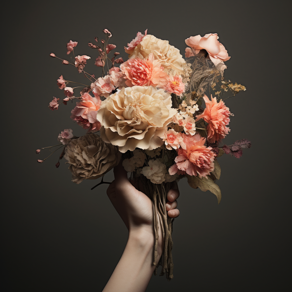 Hands with bouquet of flowers