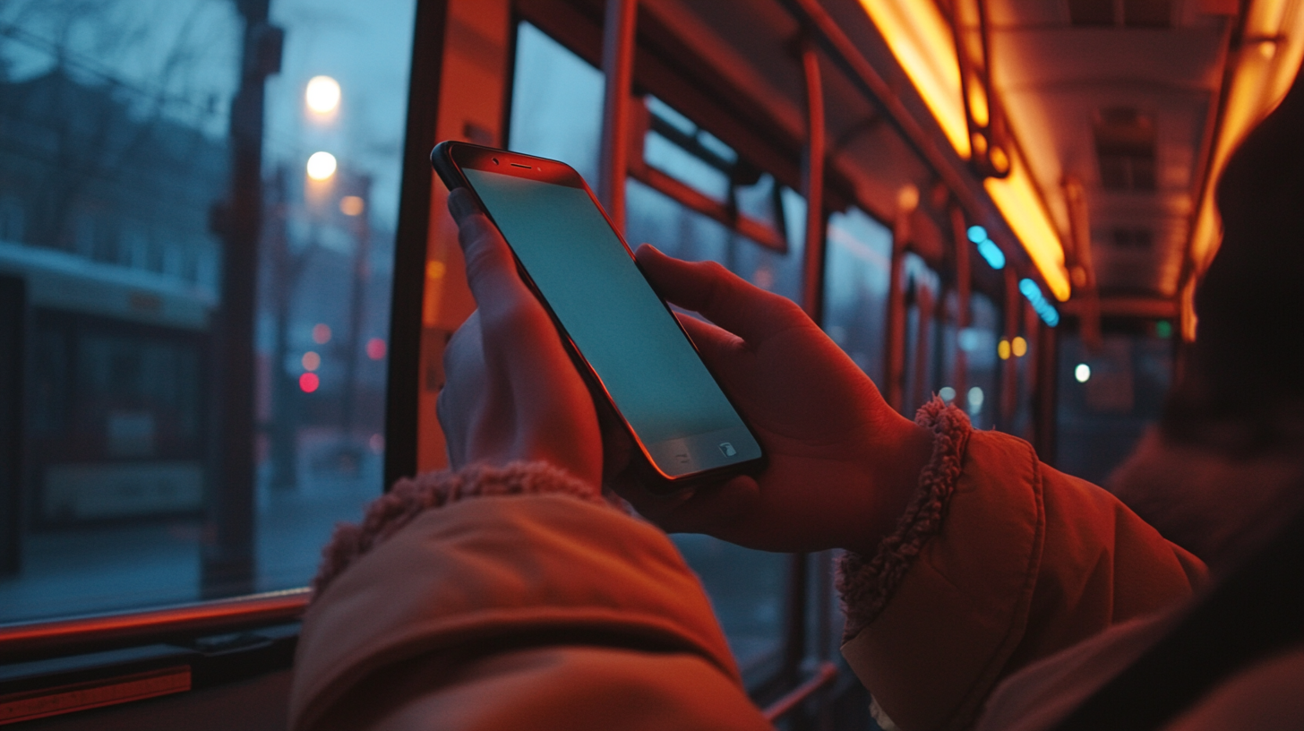 hands holding phone in bus, cinematic lighting, warm colors