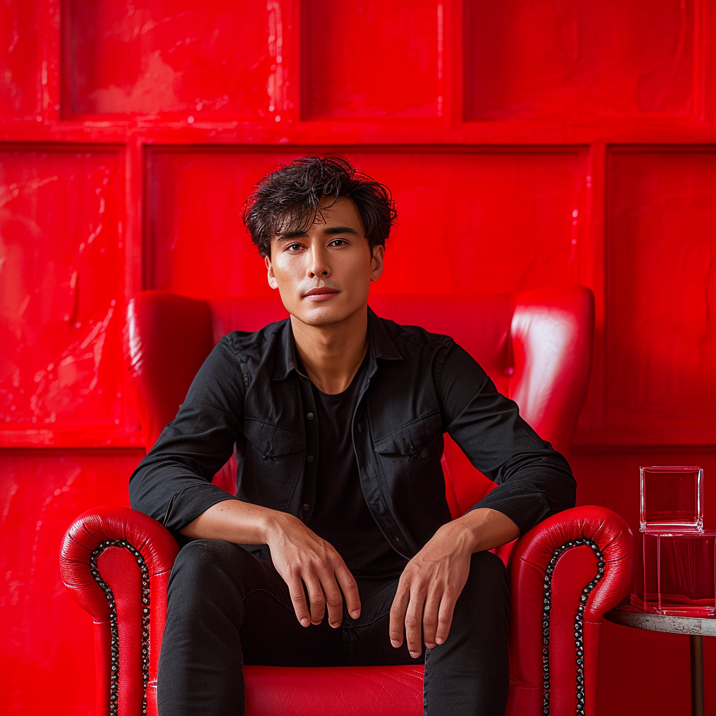 Handsome Asian Man in Red Armchair