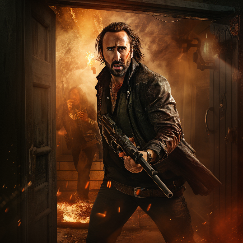 Handsome man with beard holding gun against door