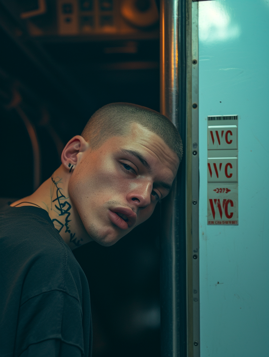 Handsome guy leaning on train bathroom door with WC sign