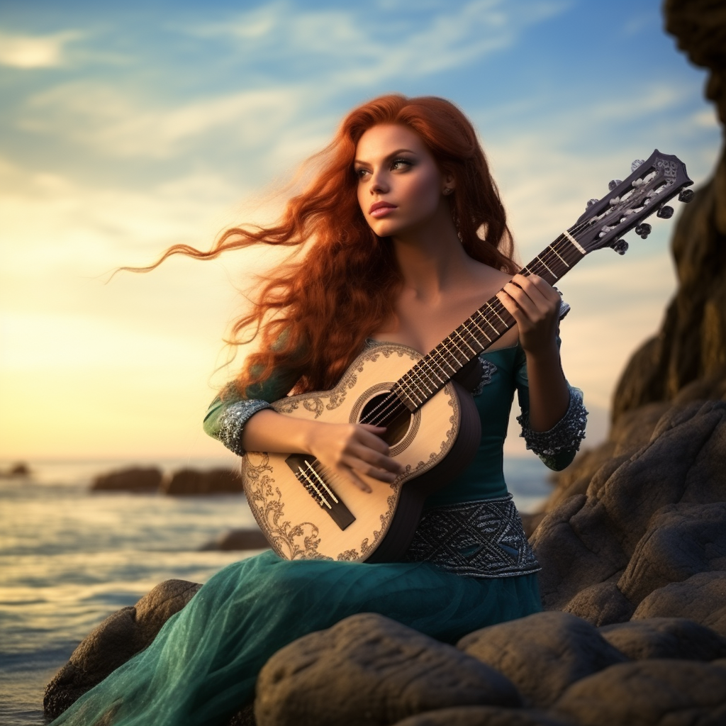 Charming male mermaid playing mandolin in the sea