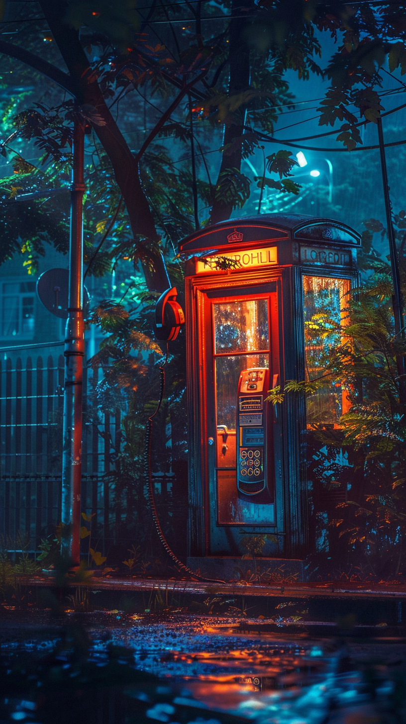 Telephone booth hanging phone night