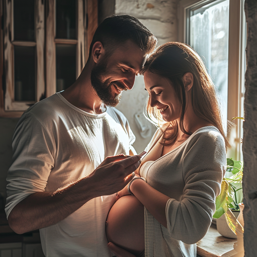 Happy couple with positive pregnancy test in morning sunlight.