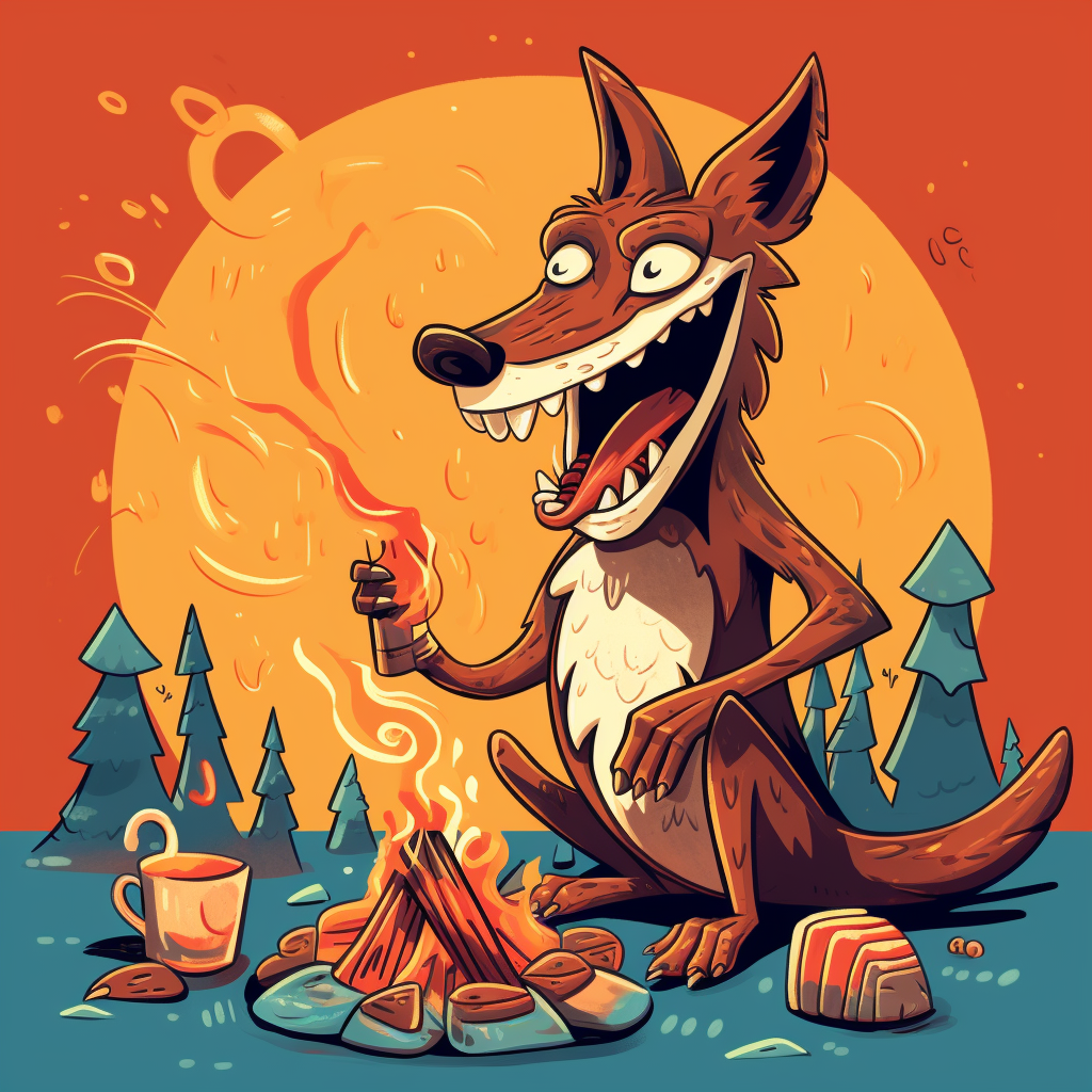 Coyote roasting hotdog on stick