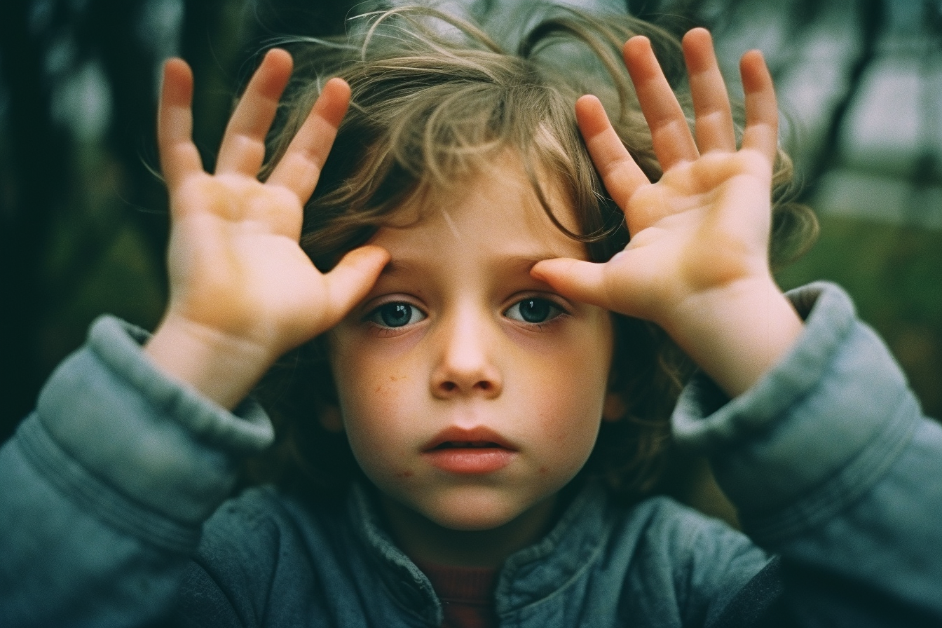 Smiling child with hands raised above head