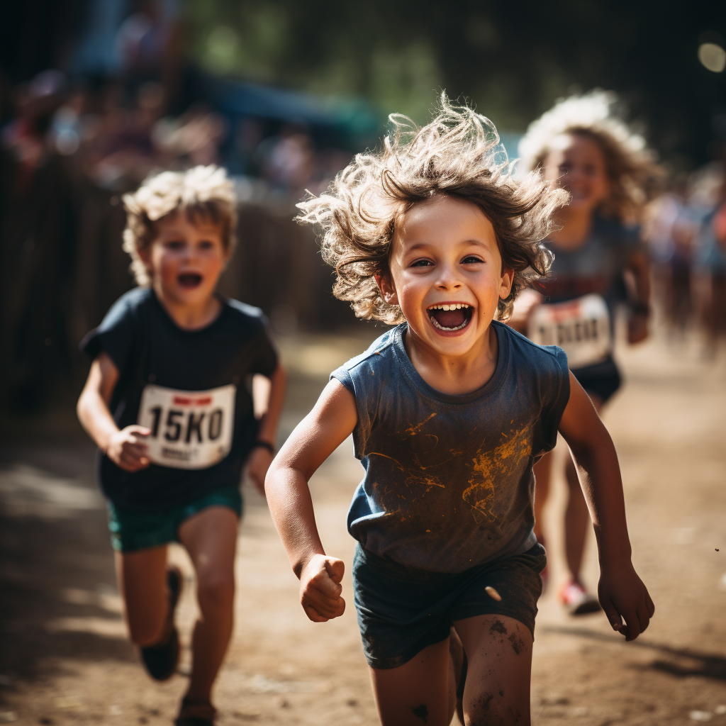 Happy kids crossing the finish line