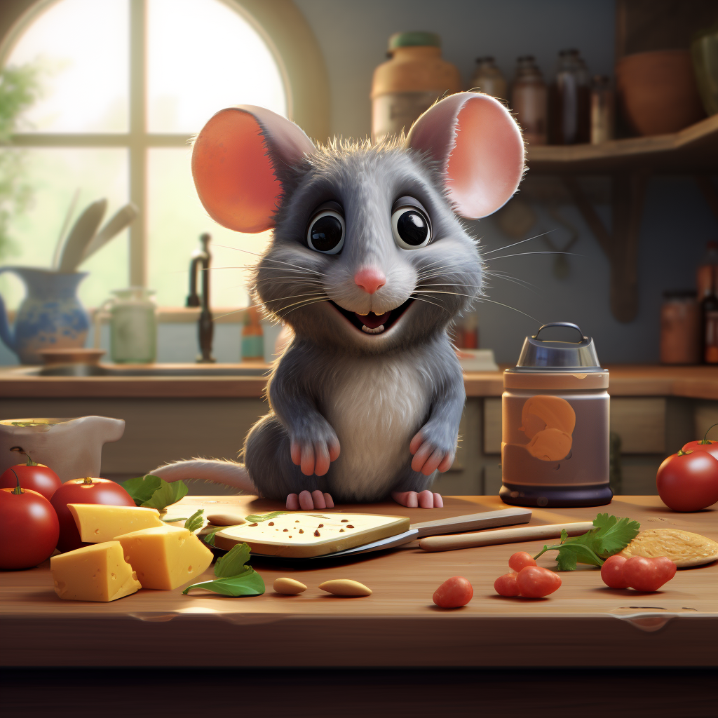 Illustration of a happy little gray mouse on a kitchen table