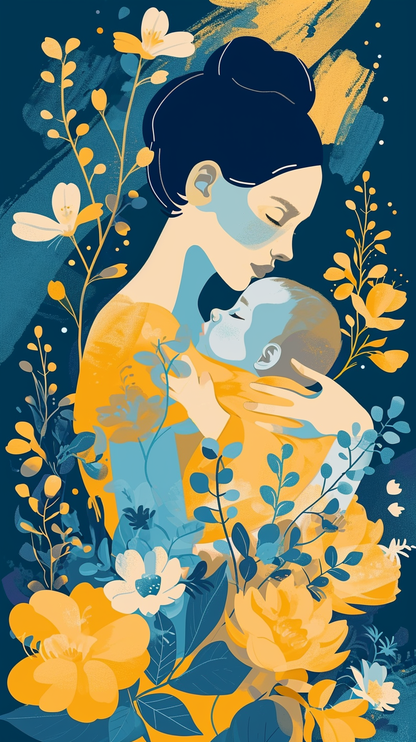 Mother's Day poster with baby, yellow and blue colors