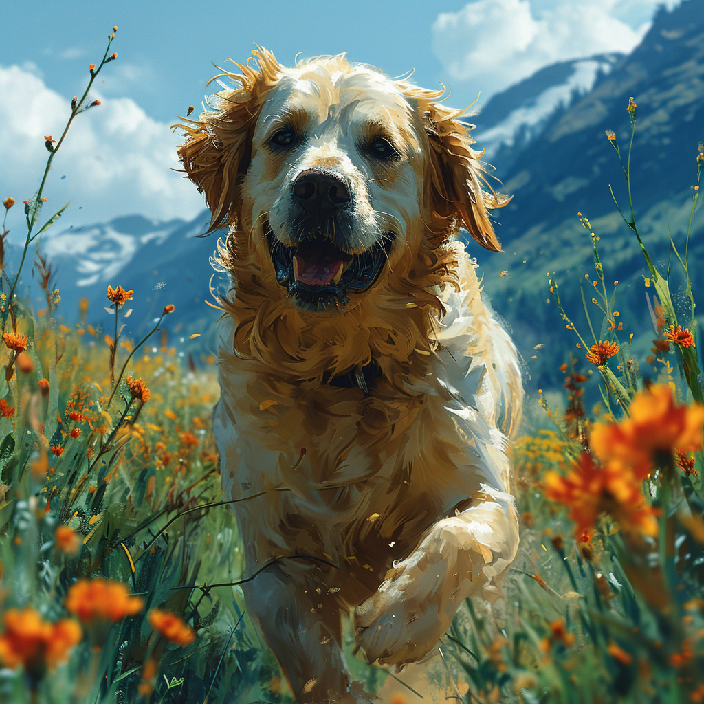 Happy obese retriever dog running in mountain field