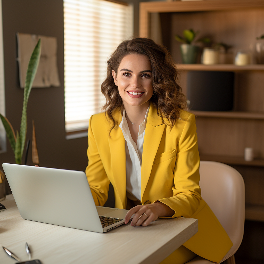 Smiling realtor in yellow attire at work