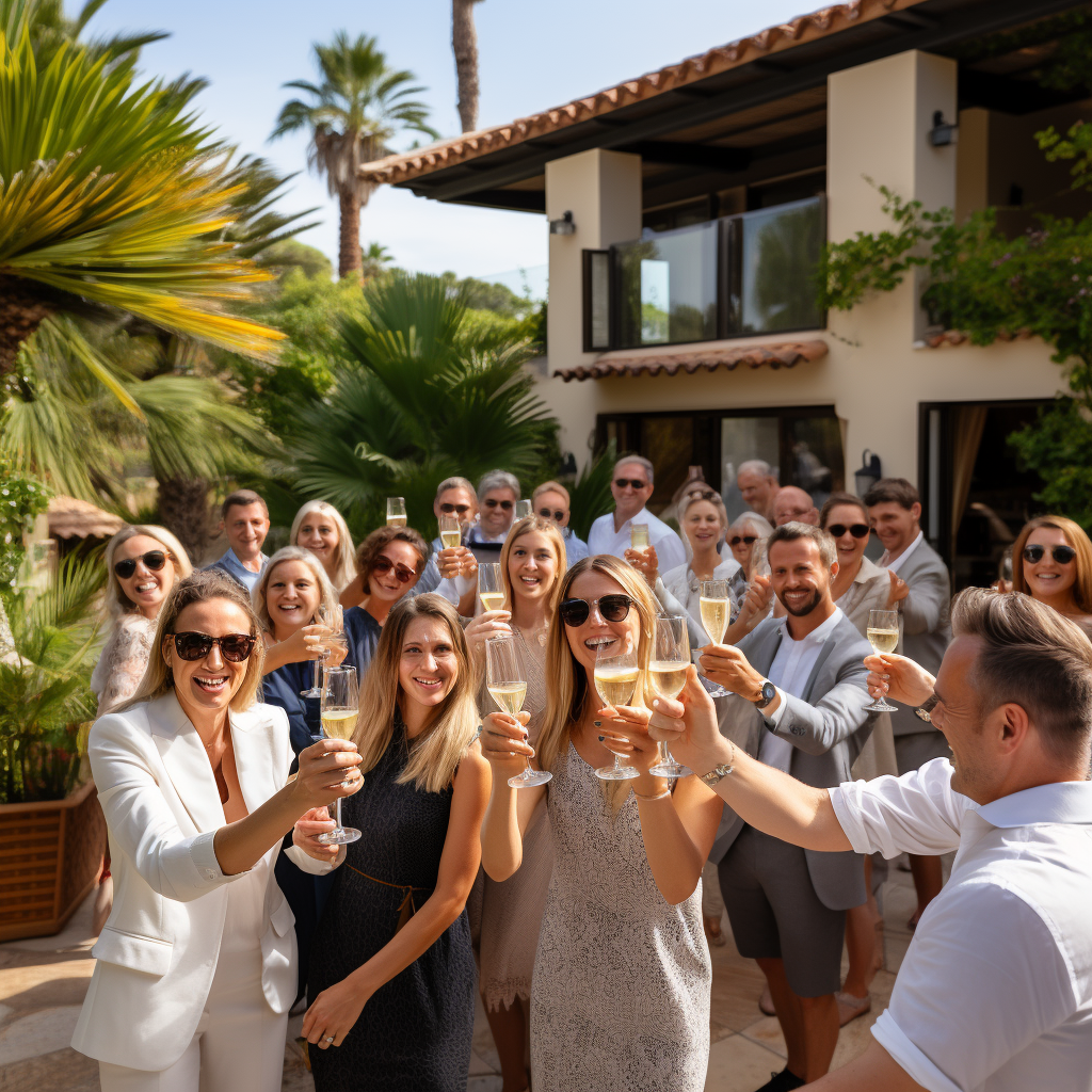 Group of happy guests enjoying their villa vacation