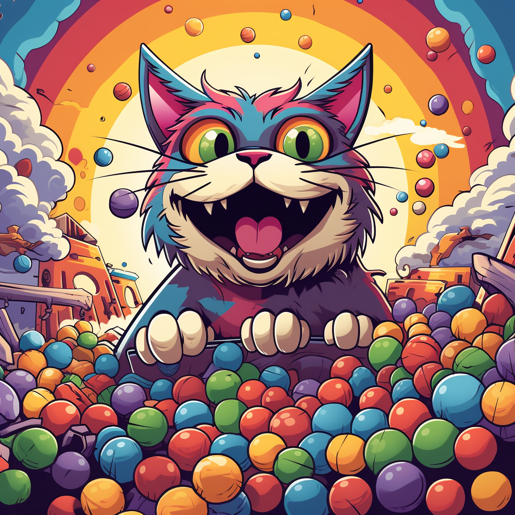 Happy cat roaring in colourful wool ball background