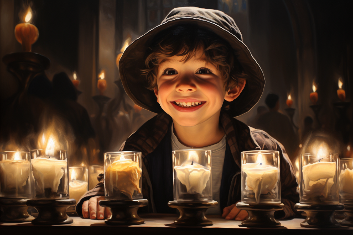 happy Jewish boy looking at menorah candles