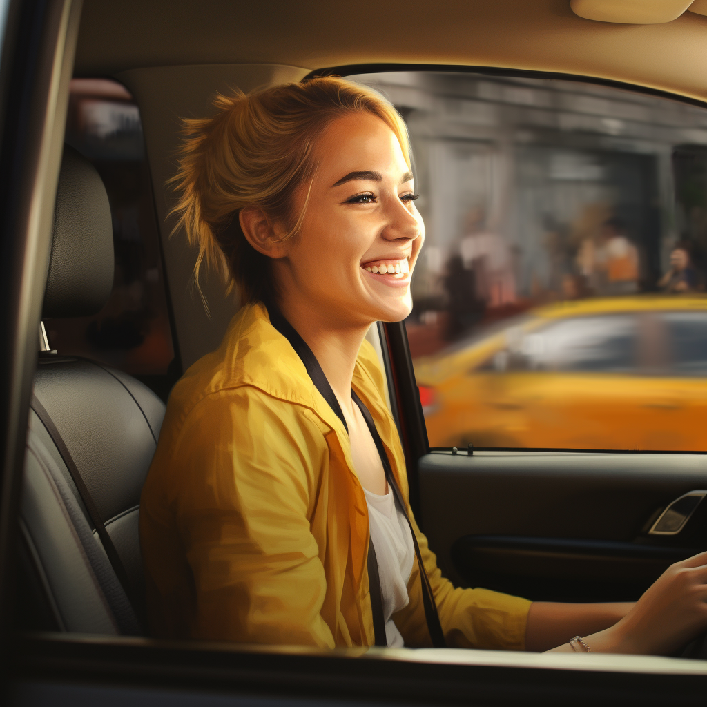 Smiling European woman passenger in a taxi