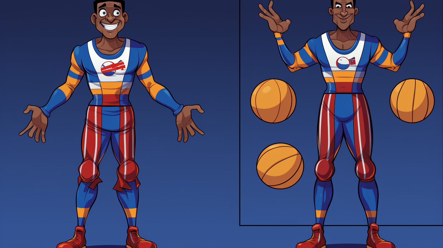 Harlem Globetrotter character sheet with poses and comics