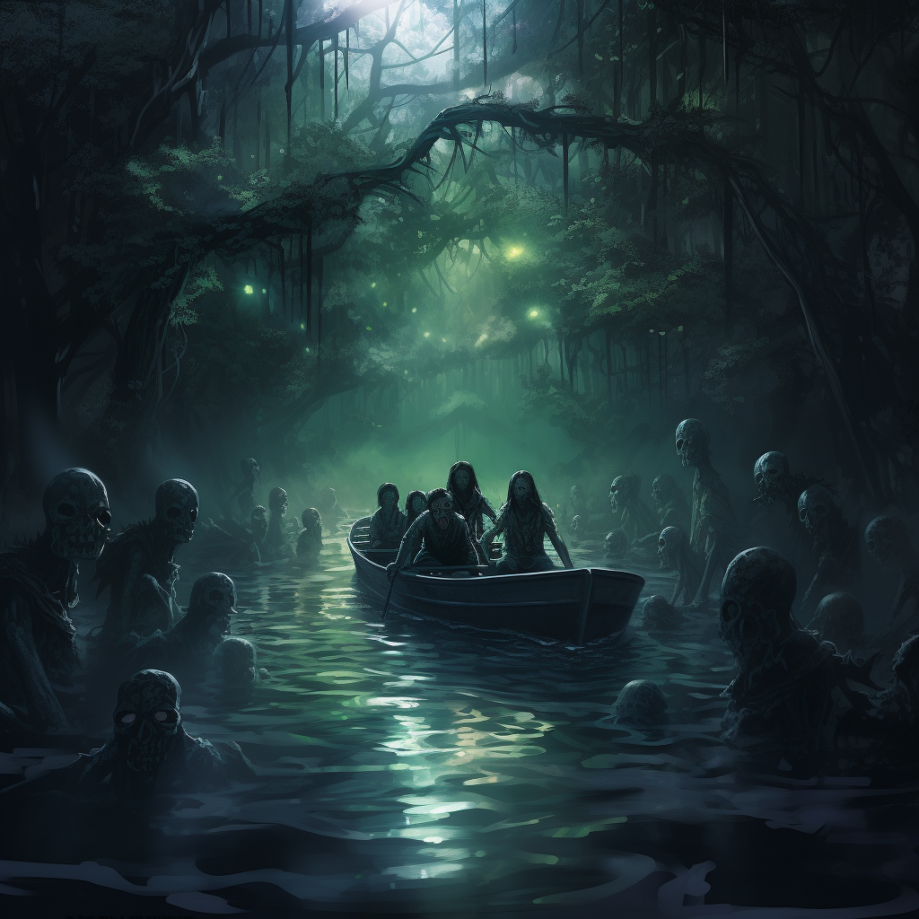 Group floating down haunted jungle river