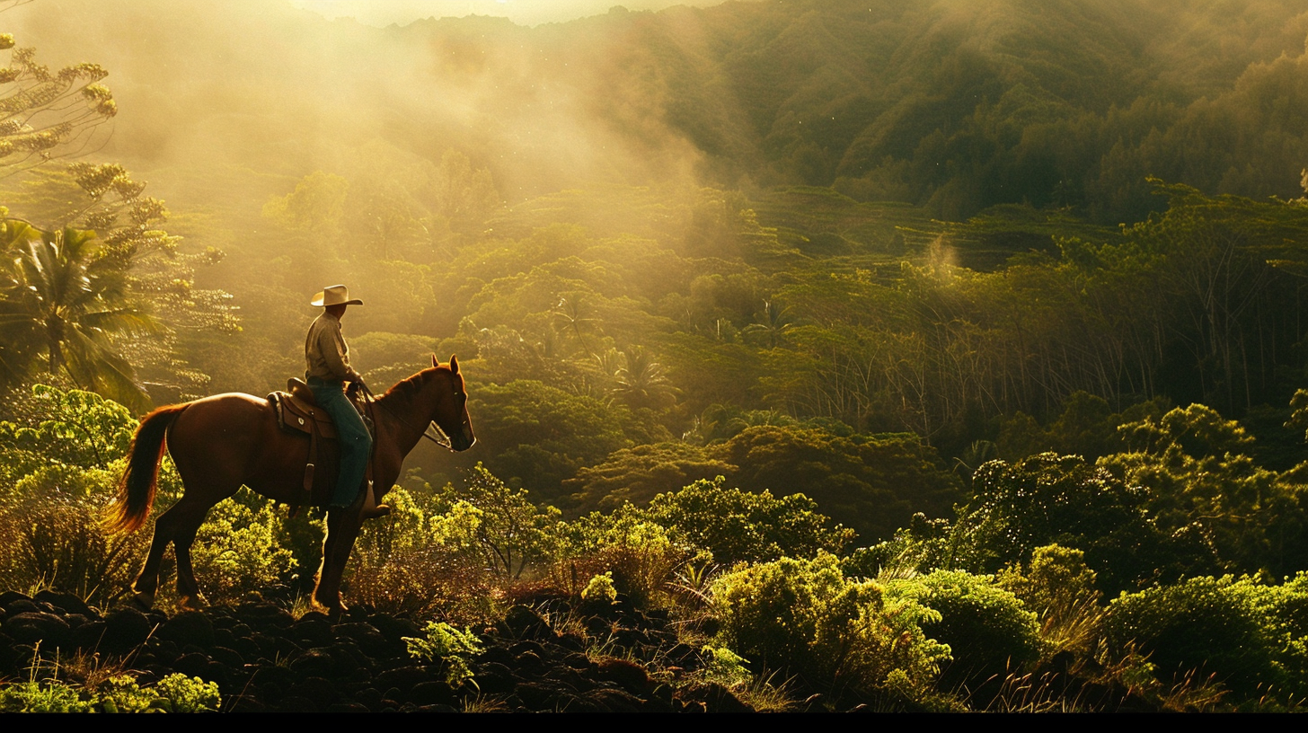 Hawaiian cowboy riding horse