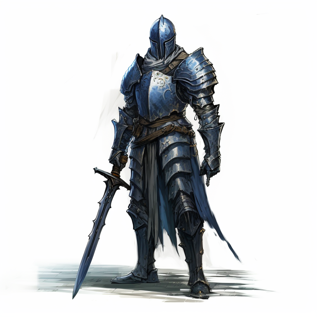 Inquisitional warrior in blue armor wielding a longsword