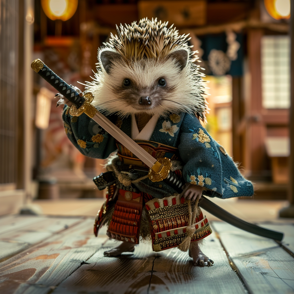 Hedgehog in Samurai Costume Standing Proudly