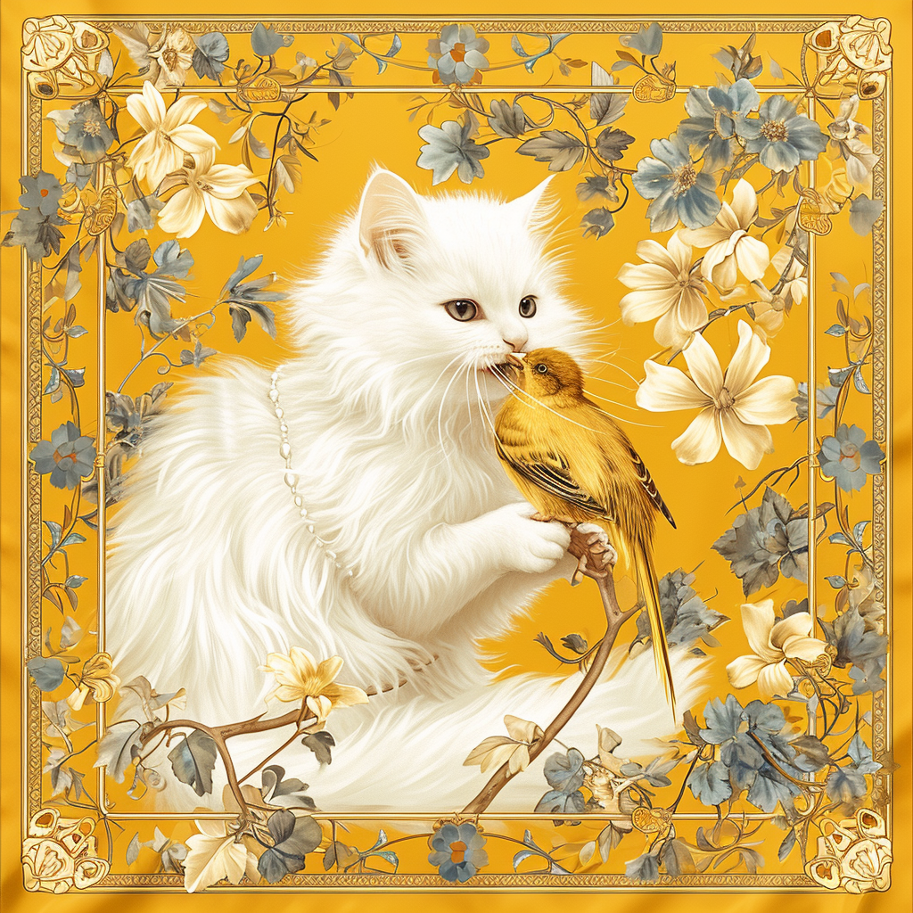 Fluffy cat eating yellow canary