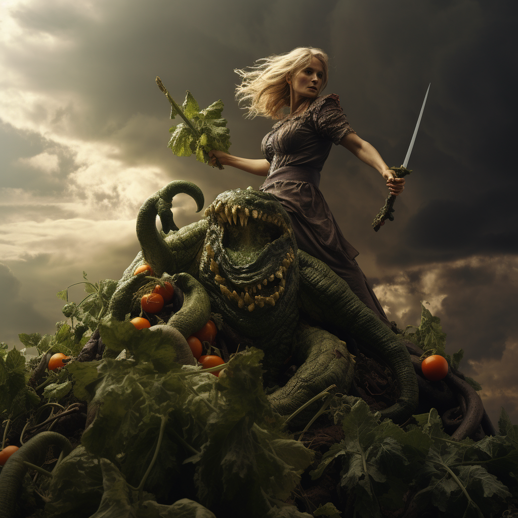 Woman wielding sword against monstrous vegetables