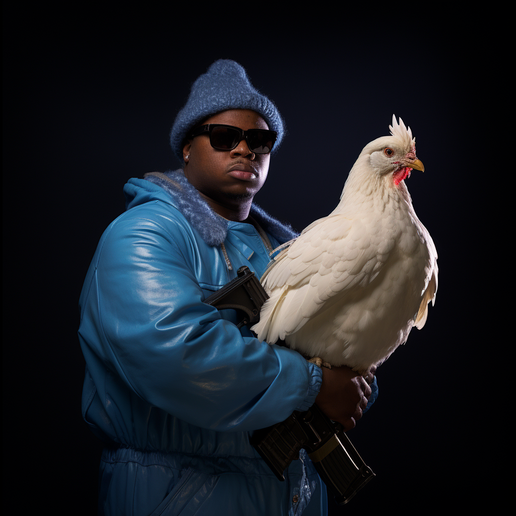 Bodyguard protecting white chicken in hip hop artist's arms