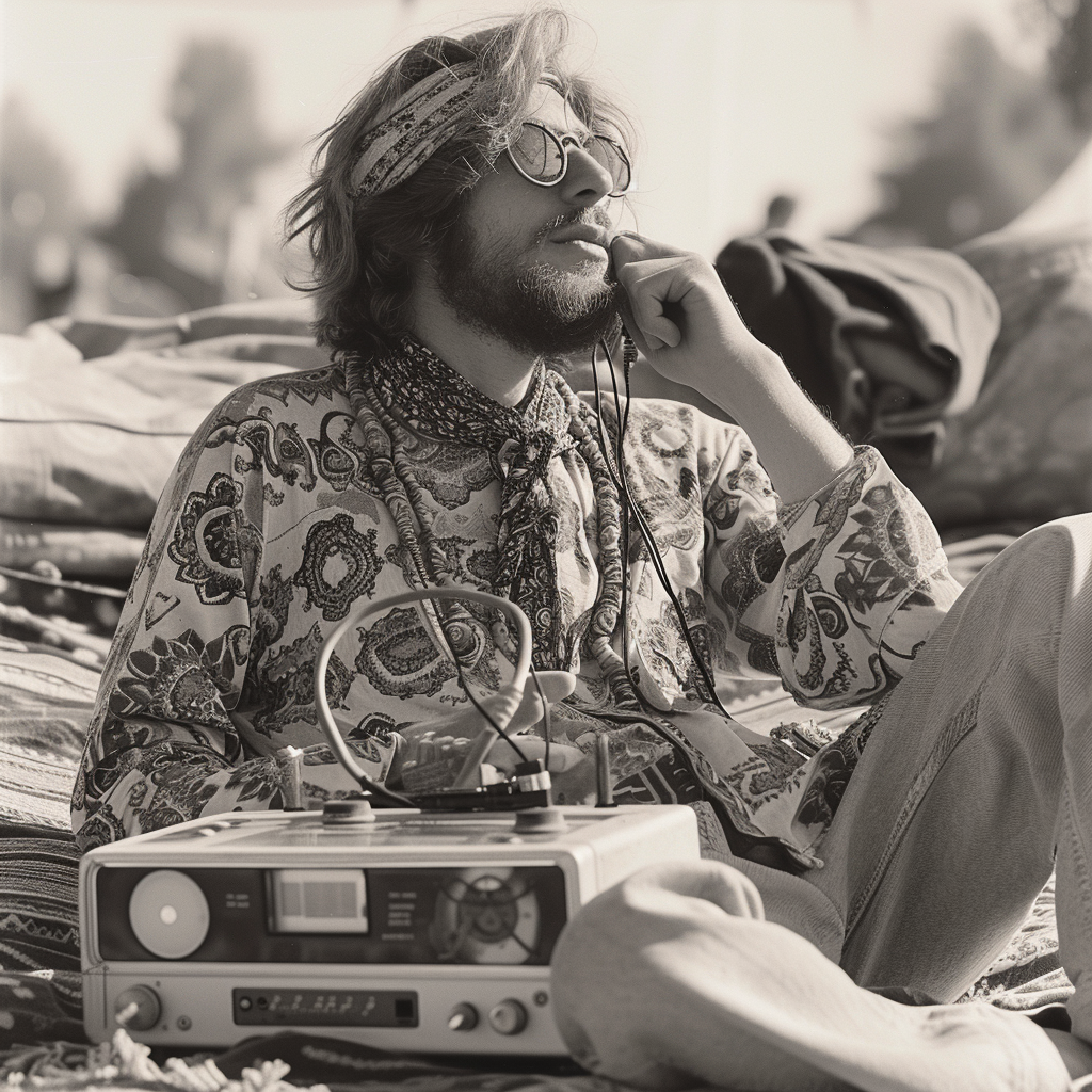 1960s hippie man music cassette player