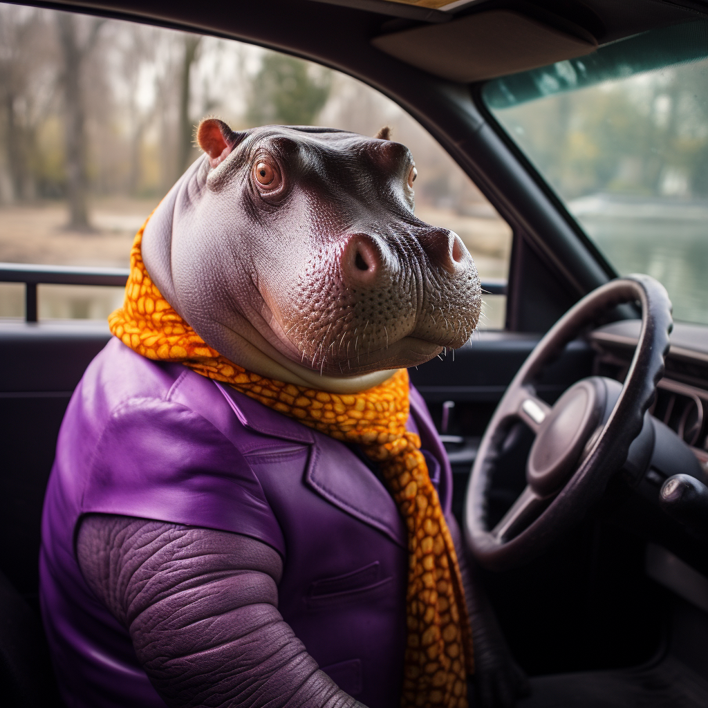 Happy hippo riding in taxi