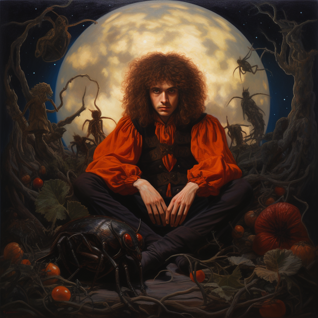 Pre-Raphaelite art of a Hispanic guy sitting on a crescent moon surrounded by tarantulas