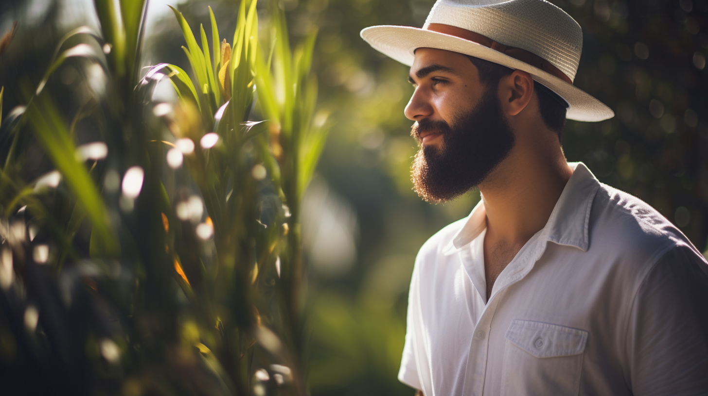 Hispanic male enjoying nature in the garden