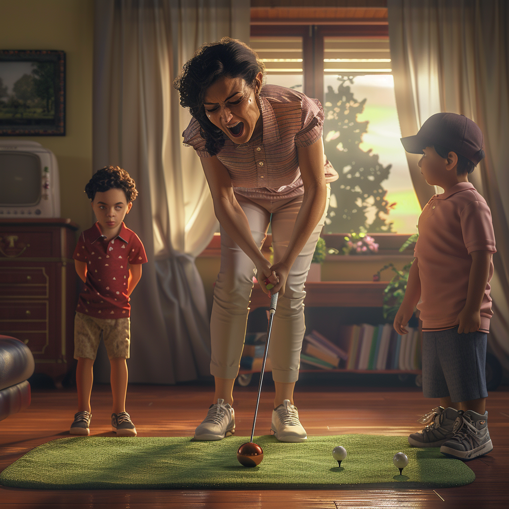 Hispanic mom golfing indoors with kids