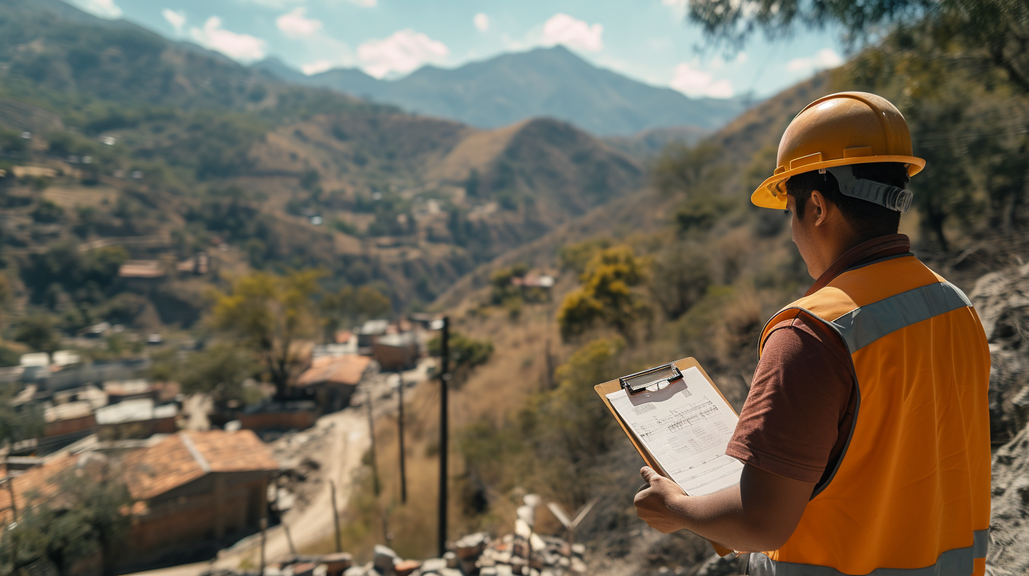 Hispanic person with hardhat holding clipboard for rebuilding project