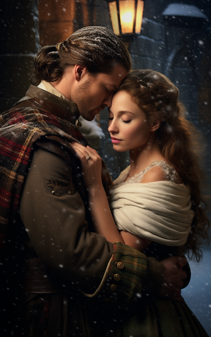 Historical couple in Scottish Highlands saying goodbye in winter