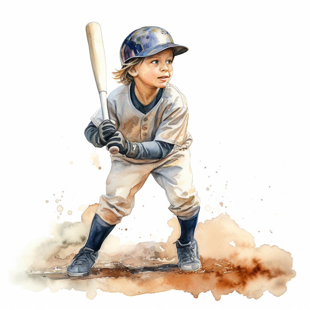 Kid hitting baseball in watercolor style