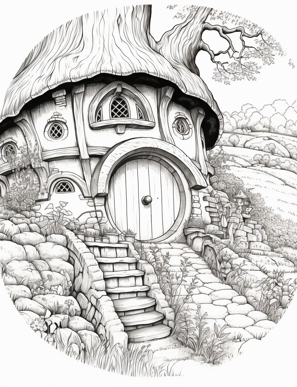 Black and white sketch of charming hobbit home