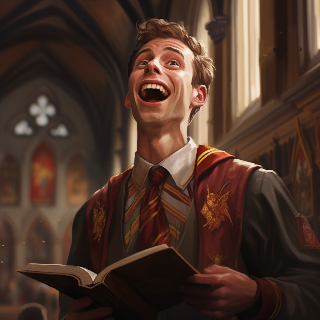 Smiling Gryffindor student in Hogwarts hallway