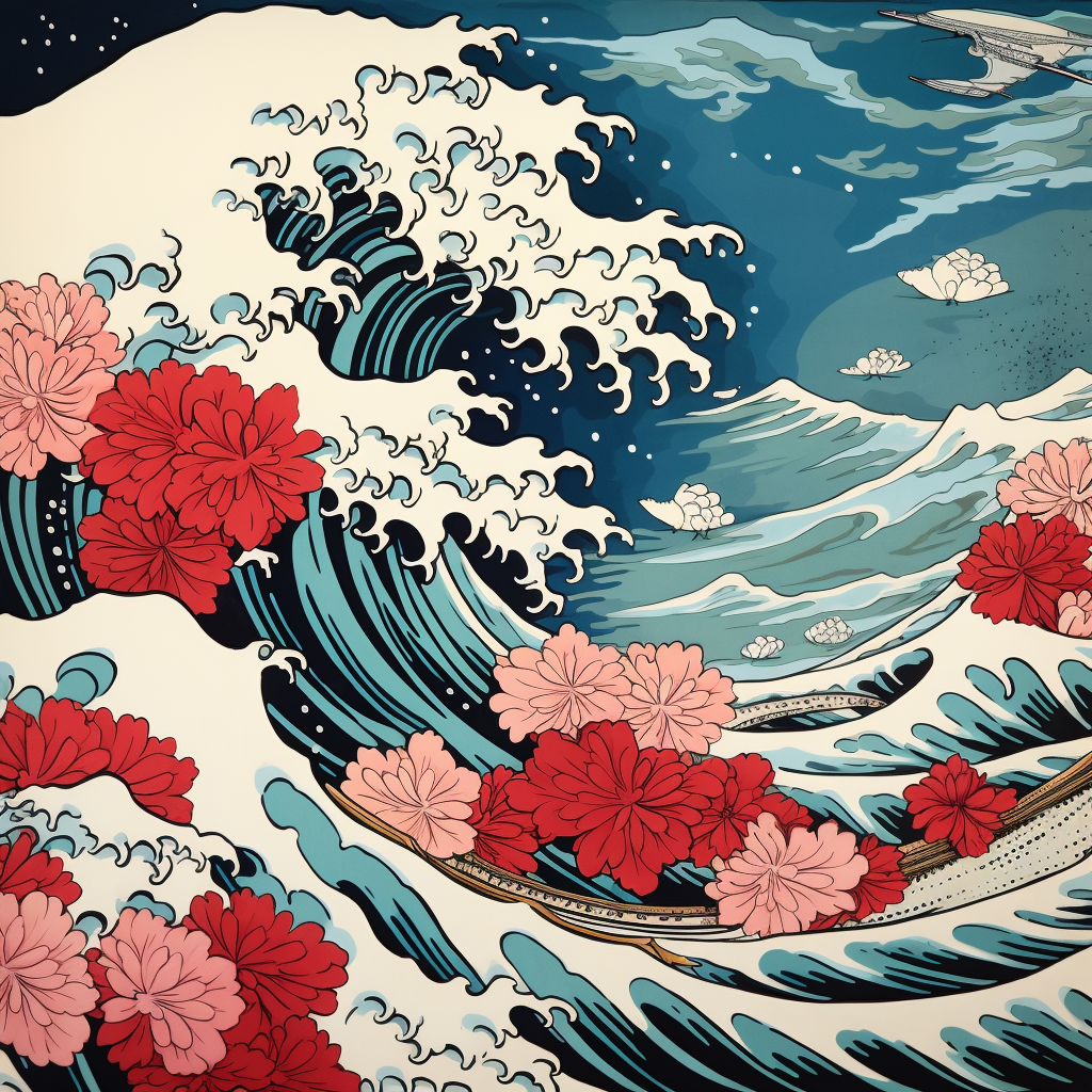 Colorful flower in Hokusai style