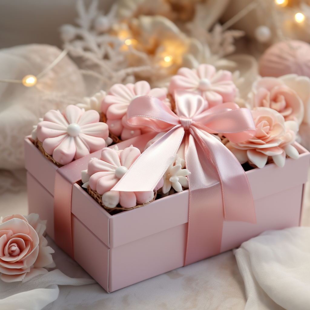 Holiday gift boxes with marshmallow flowers