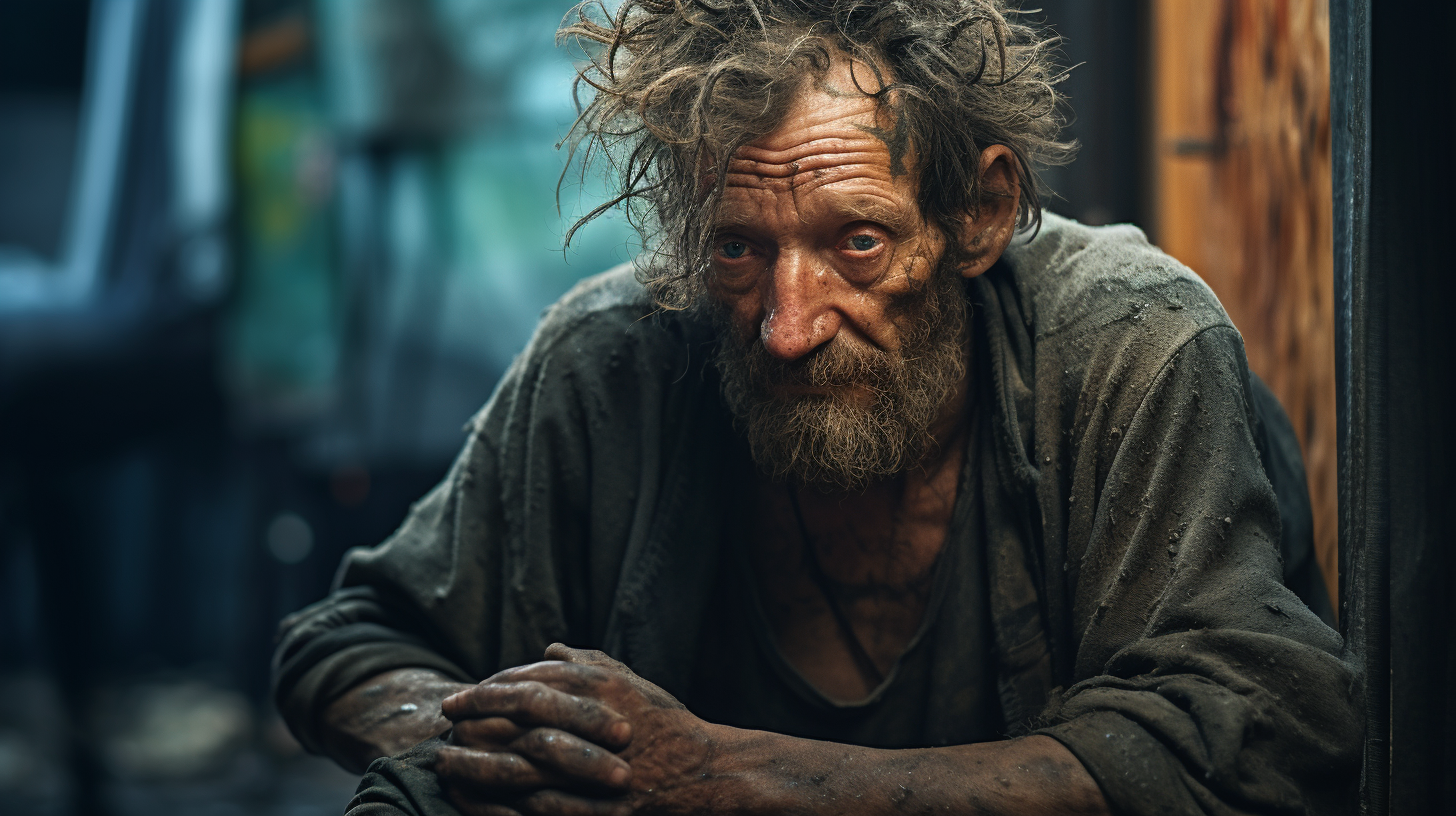 Depiction of a homeless man on a city street