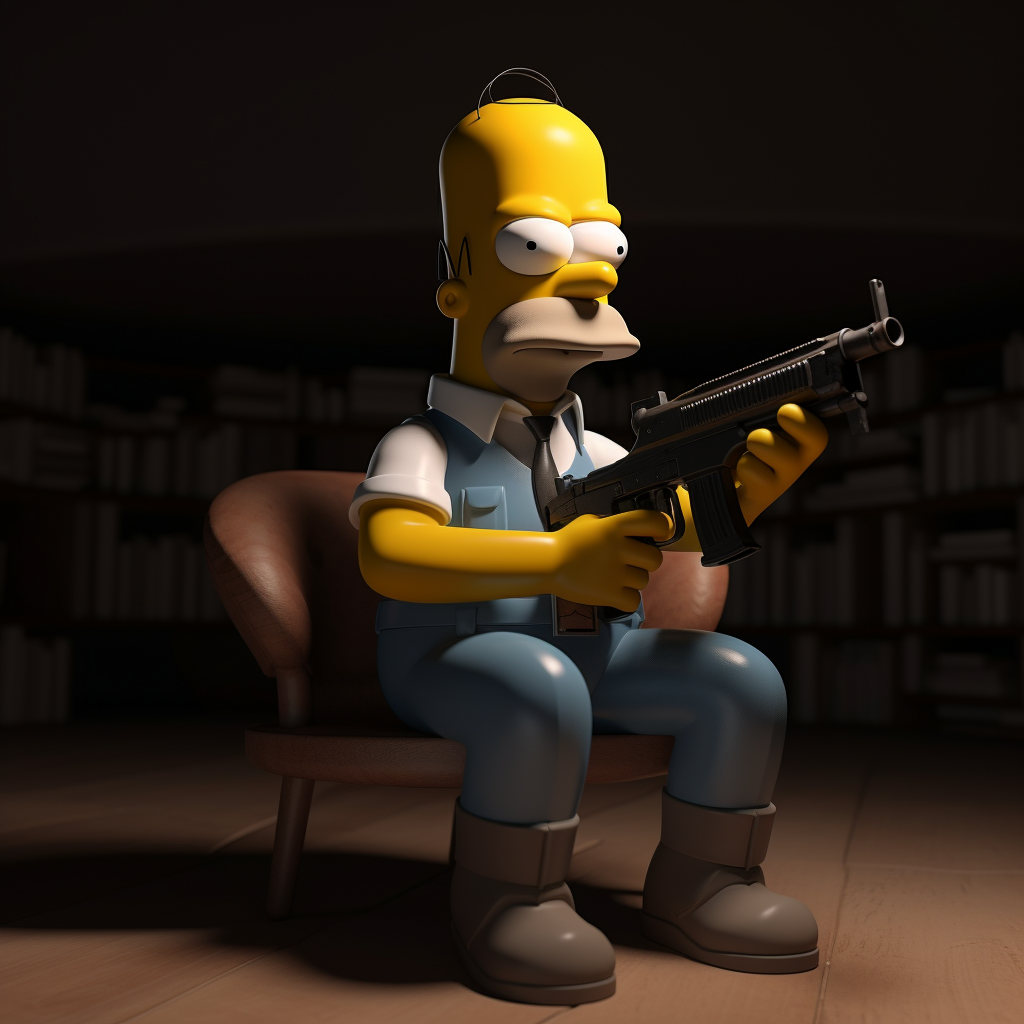 Homer Simpson in dark room holding gun