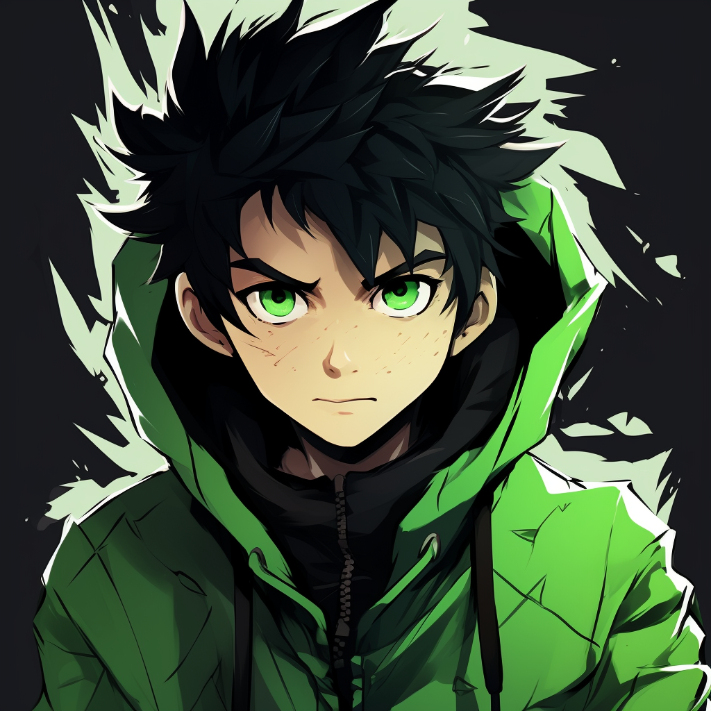 Young male with spiky black hair and green highlighted leaf hoodie