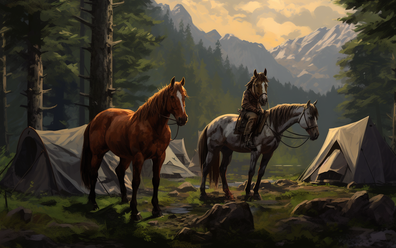 Three horses camping amidst trees