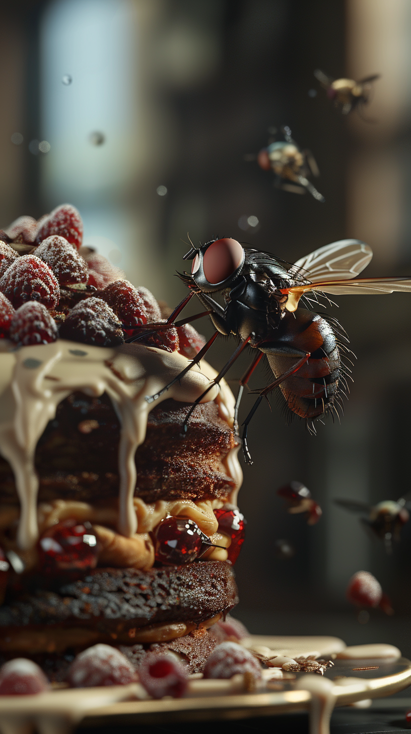 Housefly attacking cake