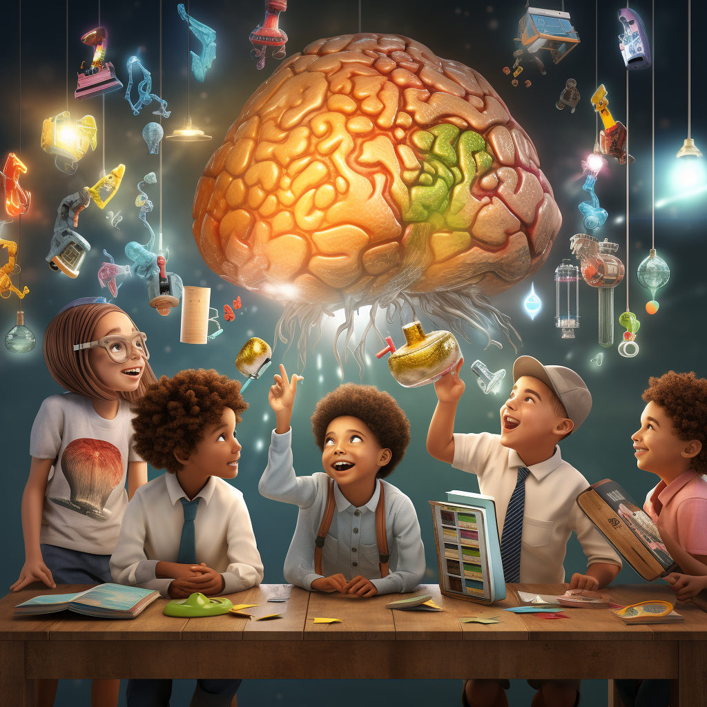 Curious people discussing a huge brain